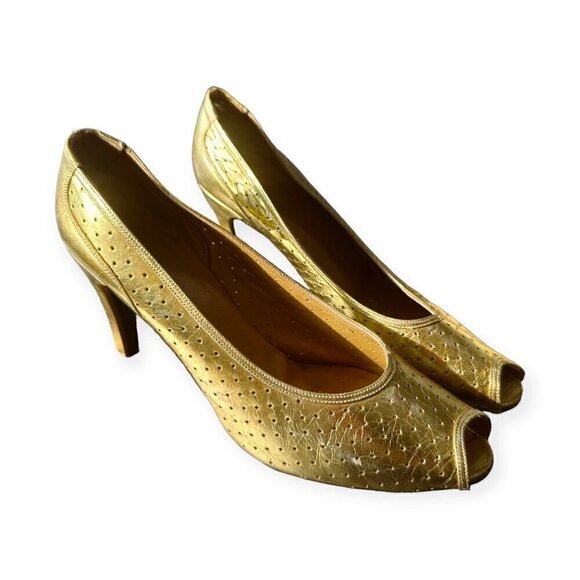 Vintage Christian Dior Souliers France  Gold Open Toe‎ Pumps, Size 6 1/2 B - Picture 2 of 15